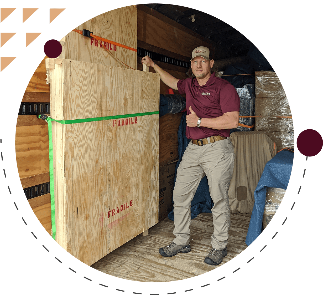 Man standing with secured wooden crates, thumbs up.