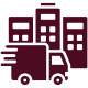 Delivery truck icon with city buildings.