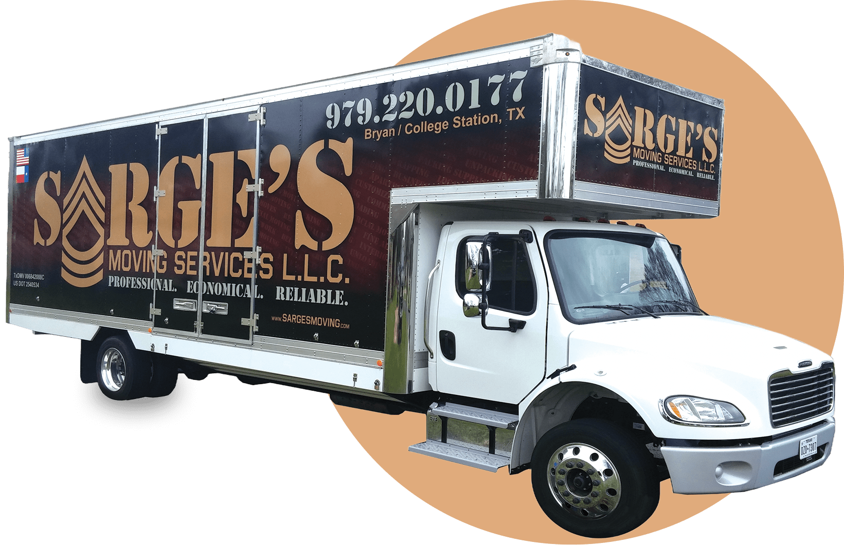 Moving truck with Sorge's branding and contact.