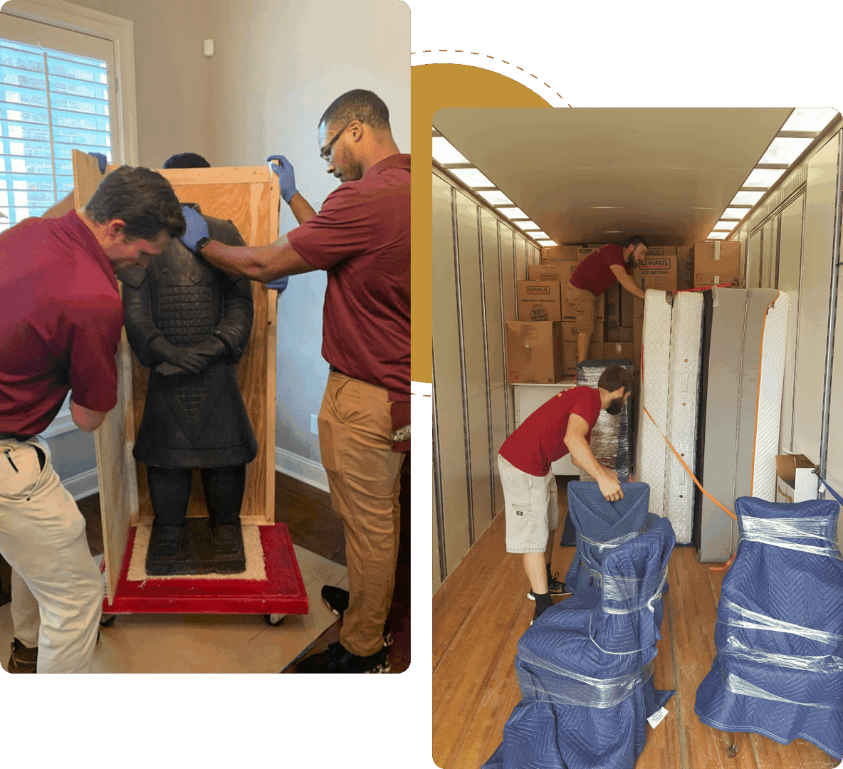 Men packing statue and moving items.