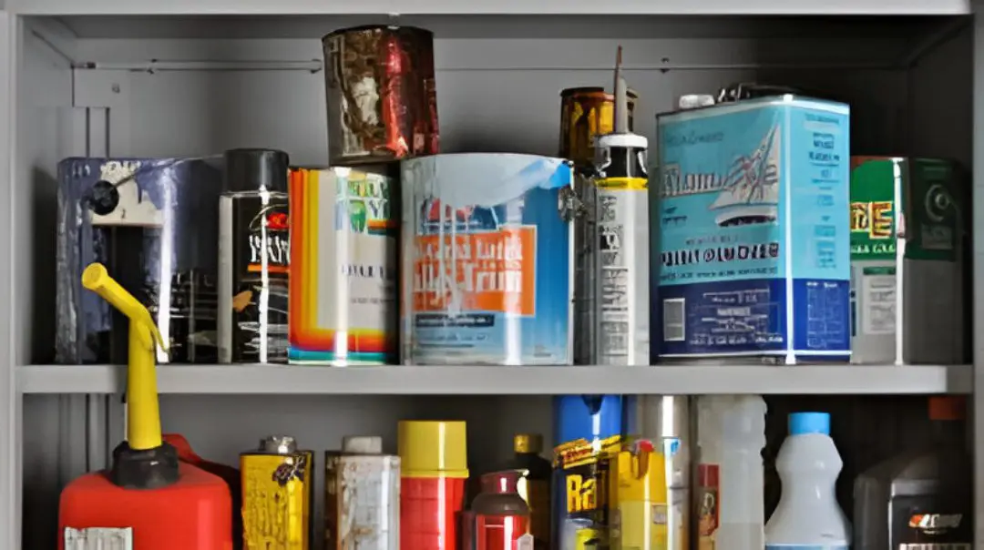 Shelf with various paint and chemical containers.