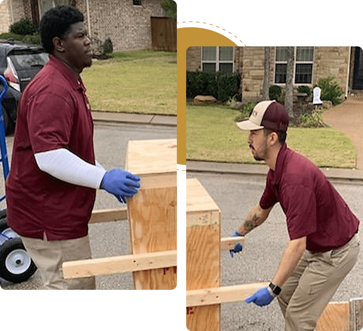 Two men moving wooden crates outdoors.