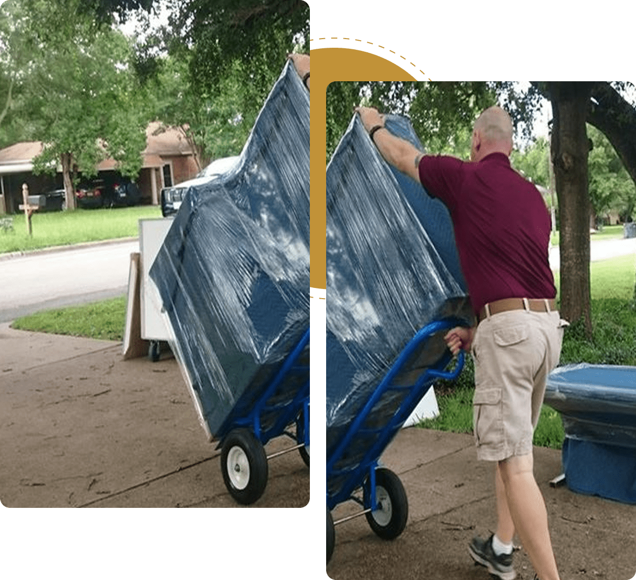 Man moving large wrapped item outdoors.