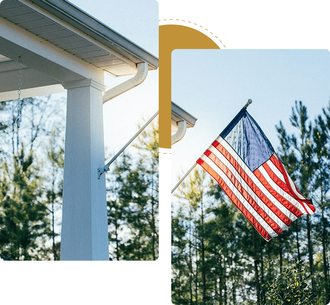 American flag on house porch, sunny day.