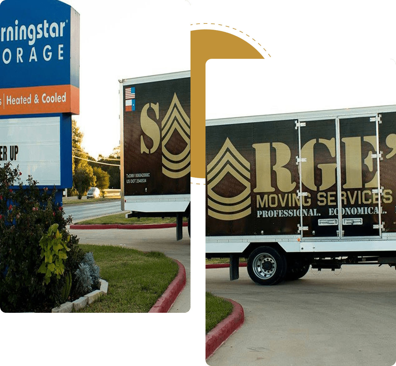Storage facility sign and moving truck.
