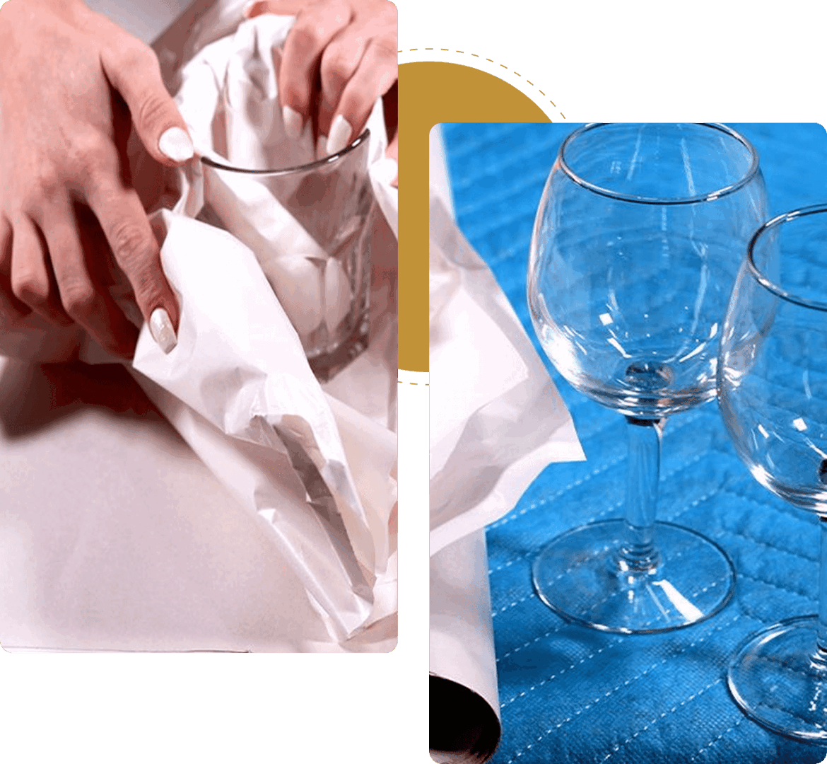 Wrapping and displaying clear wine glasses.