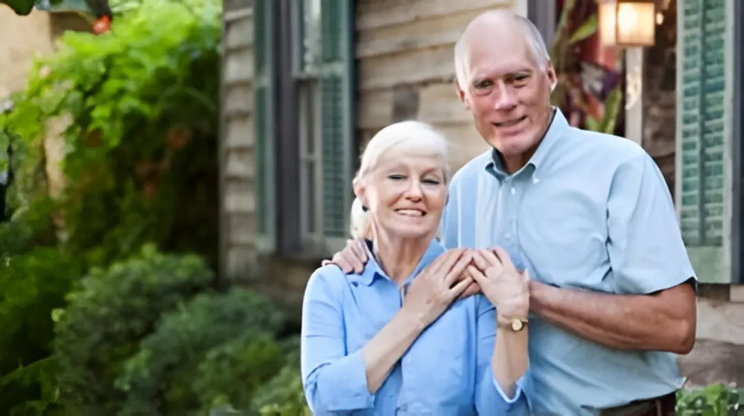 Elderly couple smiling outside their home.