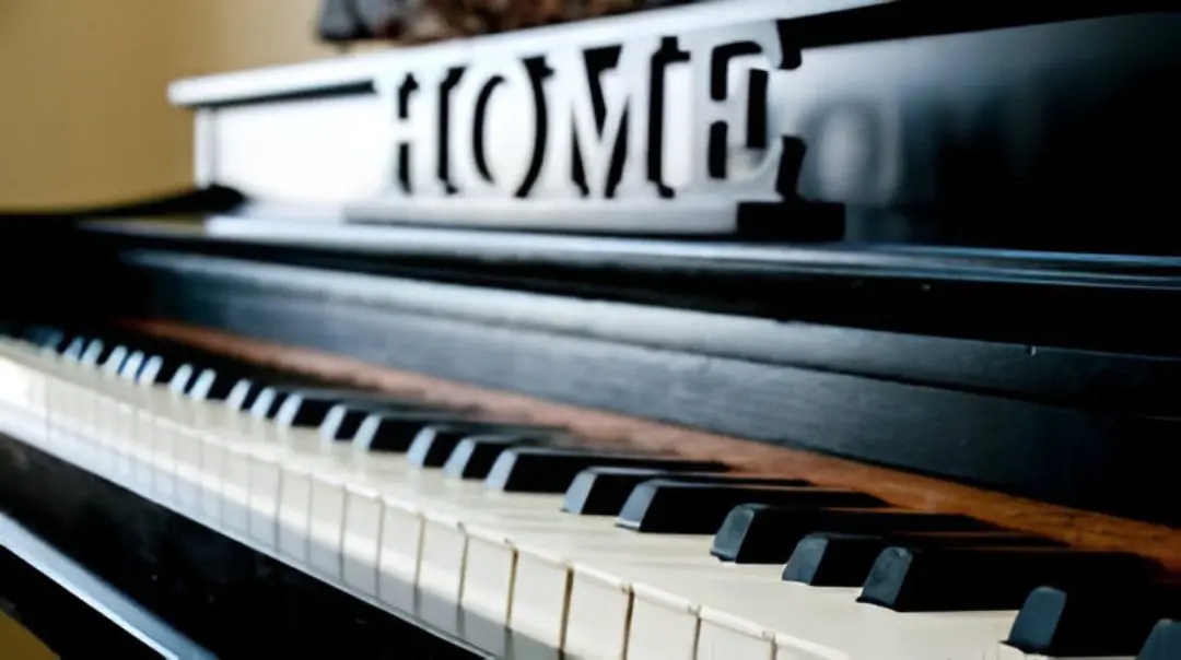 Piano with "HOME" sign on top.