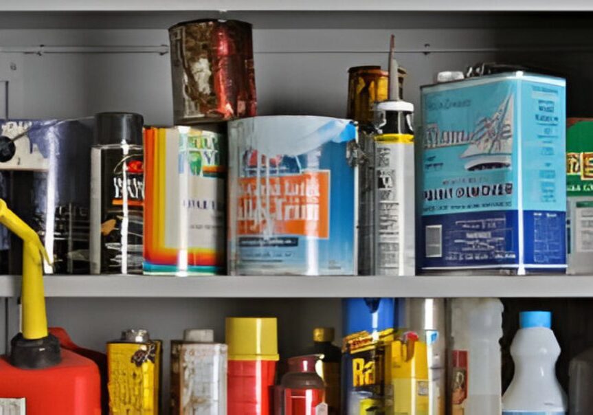 Shelf with various paint and chemical containers.