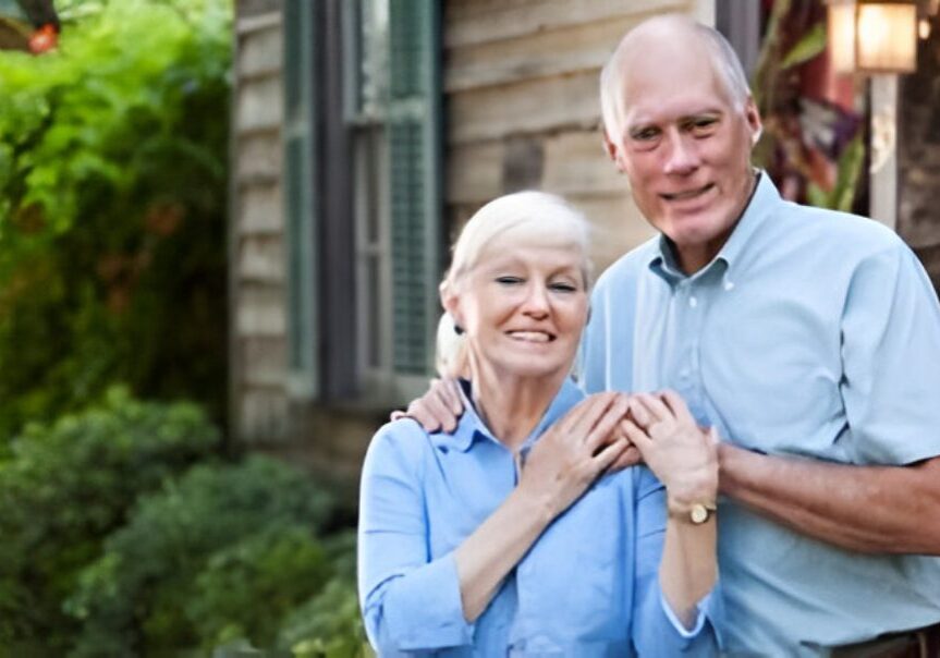 Elderly couple smiling outside their home.