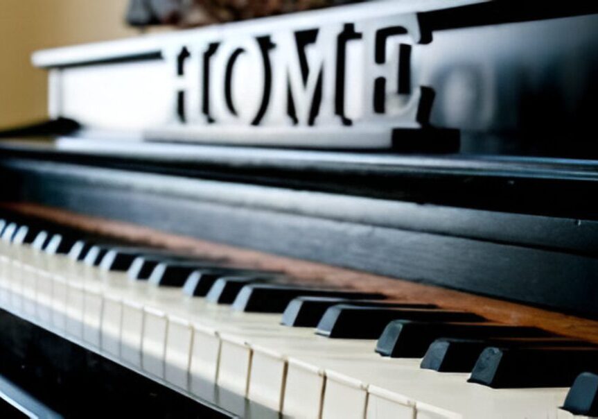 Piano with "HOME" sign on top.